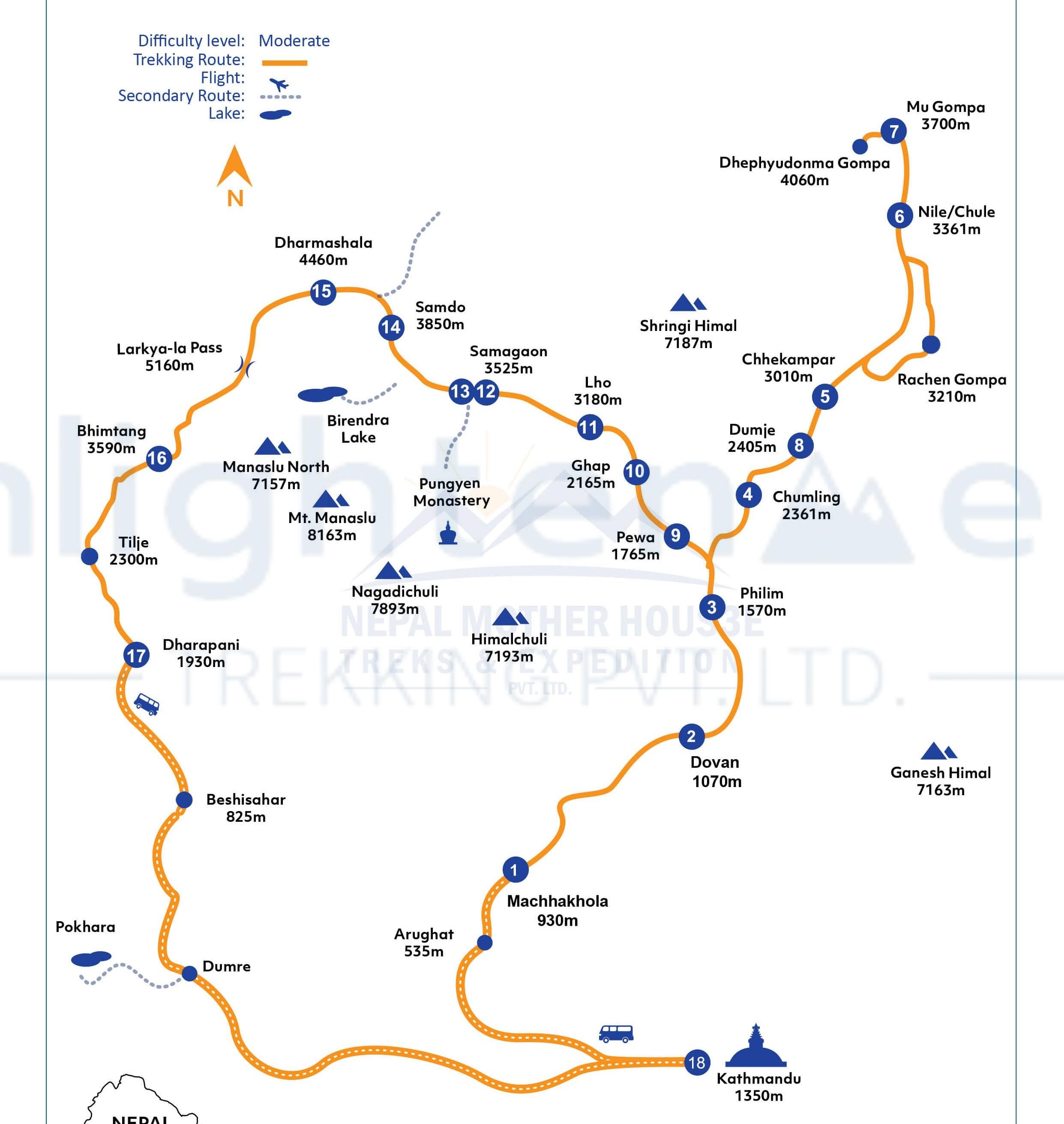 trek map Manaslu Circuit Tsum Valley Trek